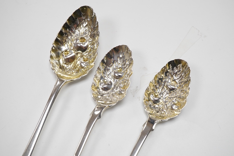 Two cased sets of six George VI silver teaspoons, Haseler & Restall, Birmingham, 1947, together with three assorted 19th century silver berry spoons.